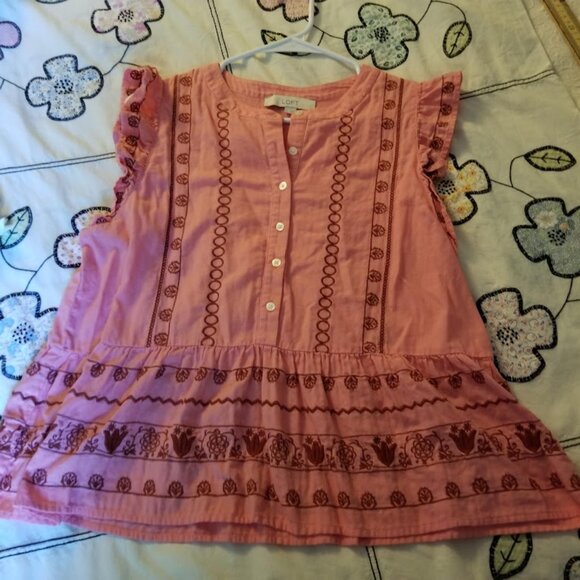 Loft Pink Floral Embroidered Henley Peplum Shell Size Medium - Picture 2 of 9